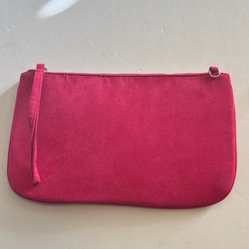 WORTHINGTON BRAND PINK FAUX SUEDE CLUTCH/WRISTLET HAS PINK CROSSBODY STRAP TOO